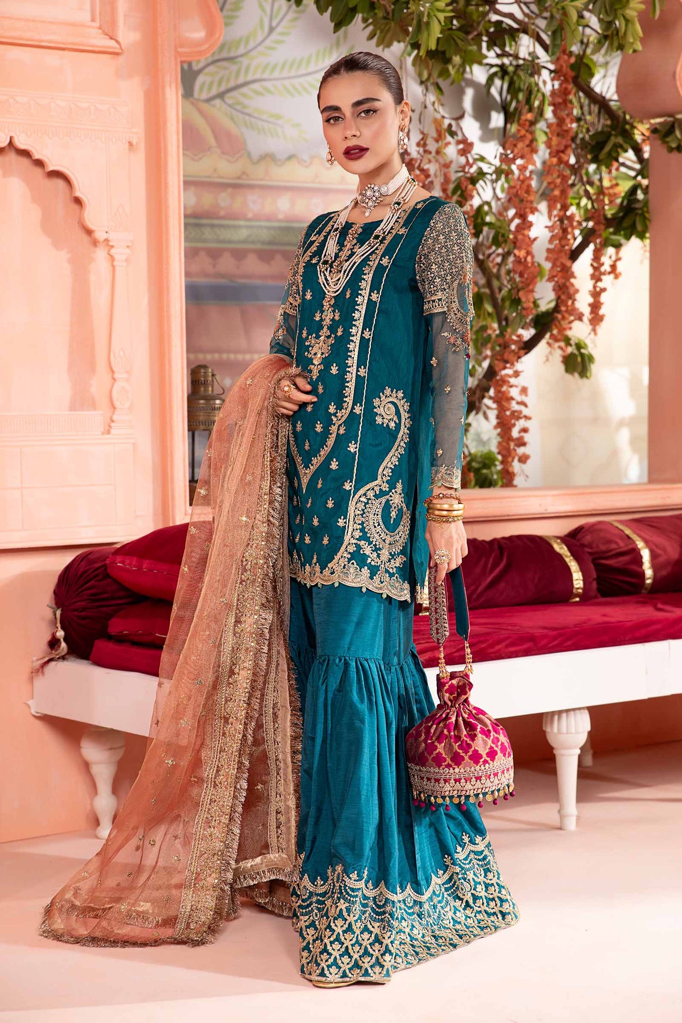 3 Piece Embroidered Bamber Raw Silk Suit | SF-PF24-04