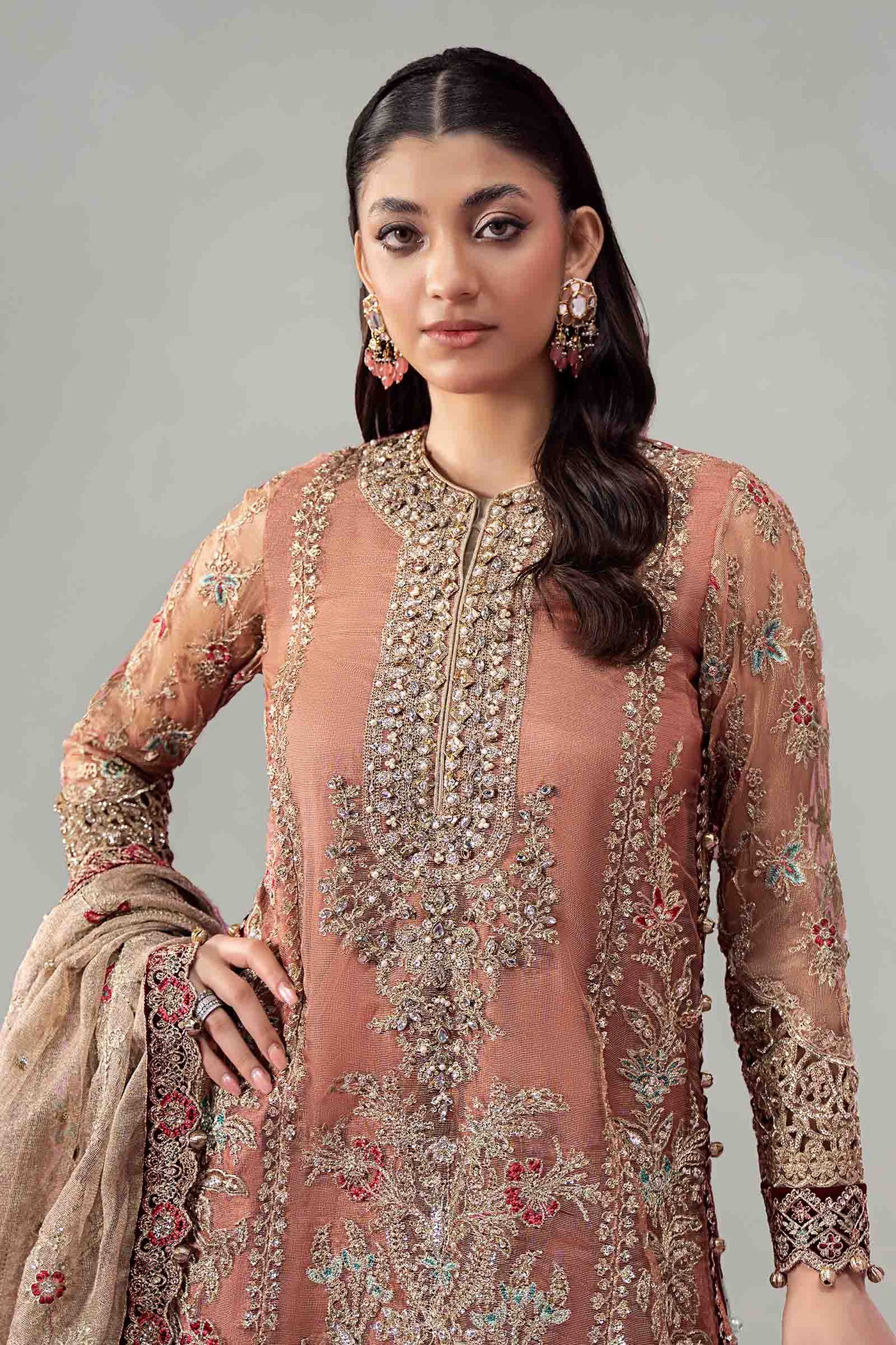 3 Piece Embroidered Zari Net Suit | SF-W24-62