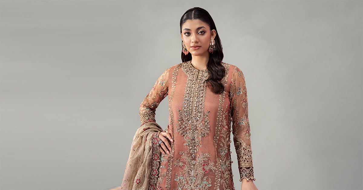 3 Piece Embroidered Zari Net Suit | SF-W24-62