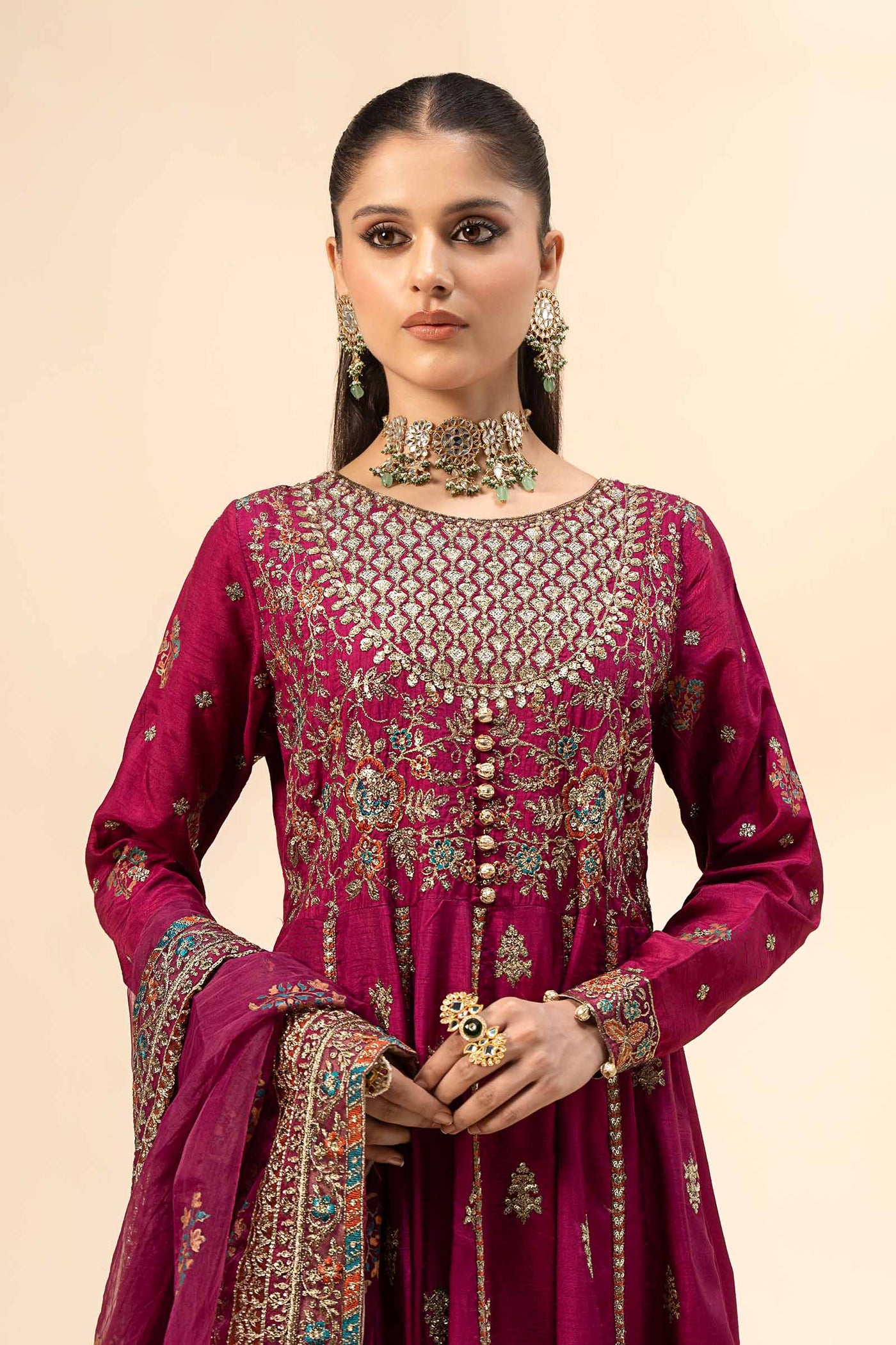 3 Piece Embroidered Raw Silk Suit | SF-W24-65