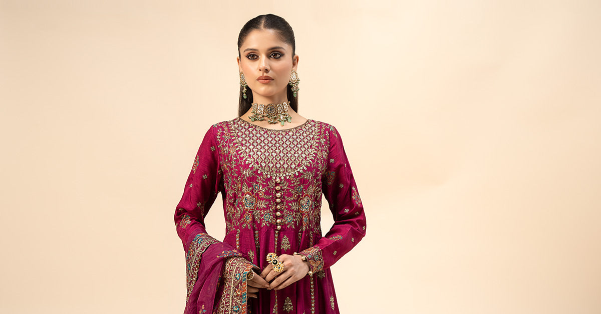 3 Piece Embroidered Raw Silk Suit | SF-W24-65