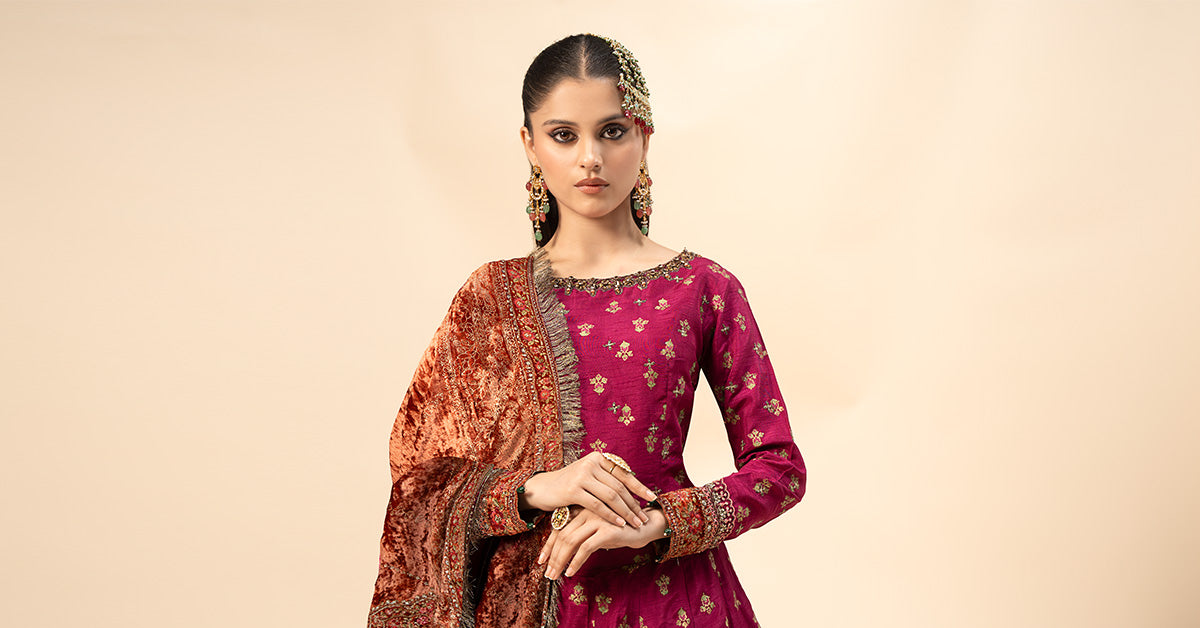 3 Piece Embroidered Raw Silk Suit | SF-W24-26